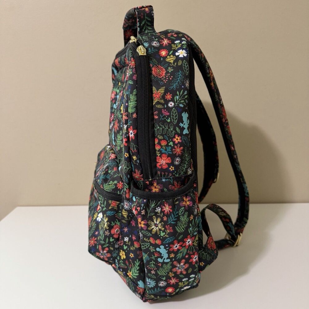 Disney X Jujube Black Floral Mickey Mouse Backpack Missing Pulls -See Photos - Picture 2 of 15